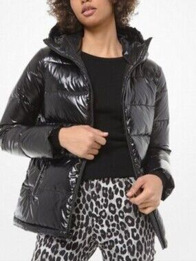 Michael Kors Shiny Black Quilted Down Puffer Jacket with Attached Hood Size XS
